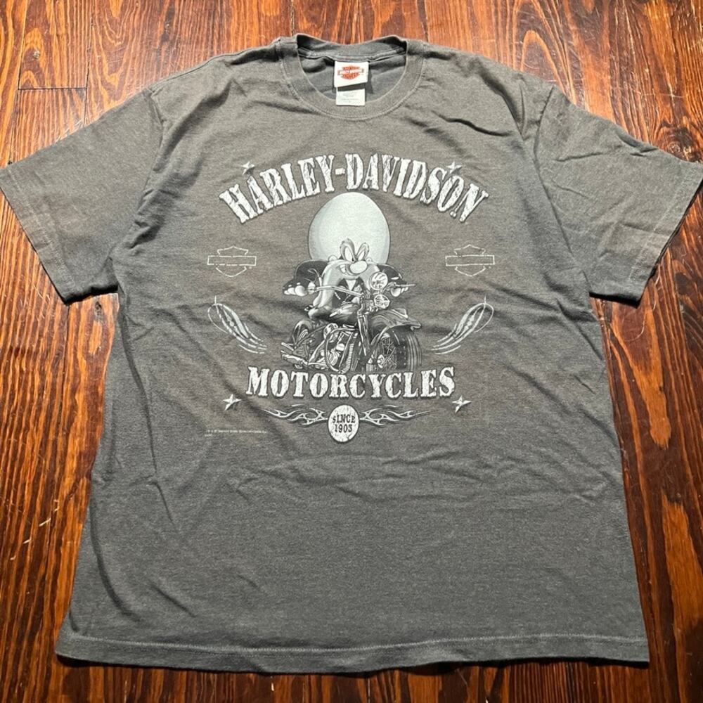 Harley-Davidson L Y2K Graphic T Shirt Gray Biker Looney Tunes